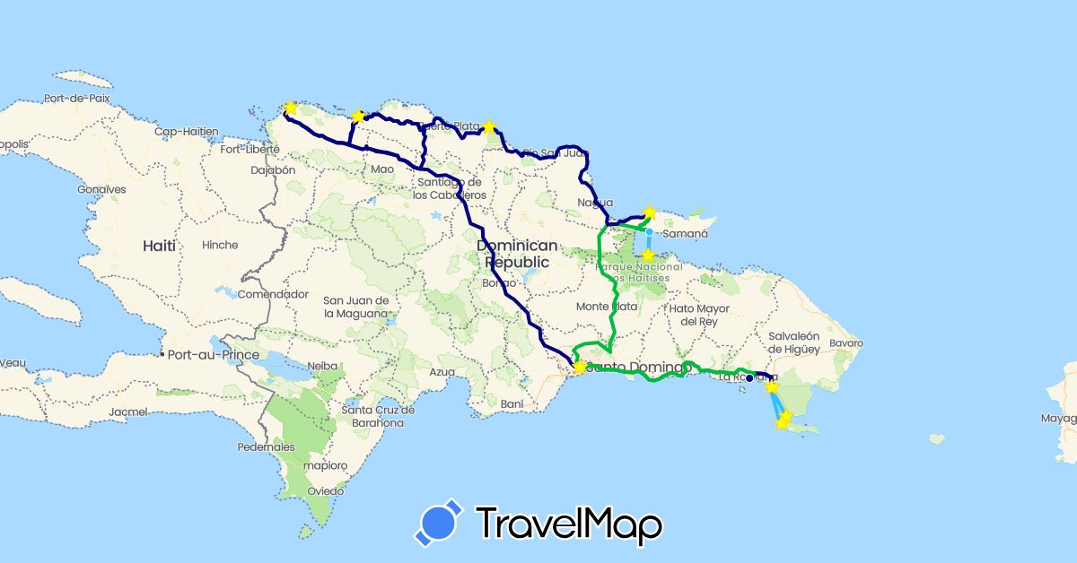TravelMap itinerary: driving, bus, boat in Dominican Republic (North America)